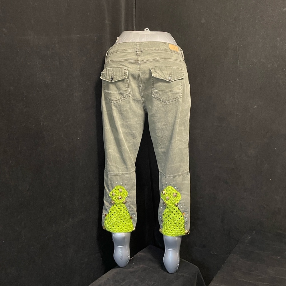 Women’s VINTAGE HAND CRAFTED UPCYCLED Pants with Crochet Detail Sz 12
